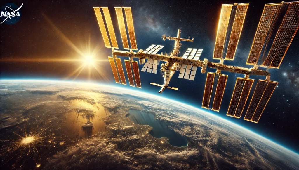 ISS orbiting Earth at sunrise
