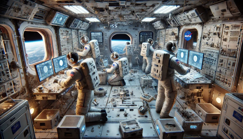 Astronauts working in ISS lab